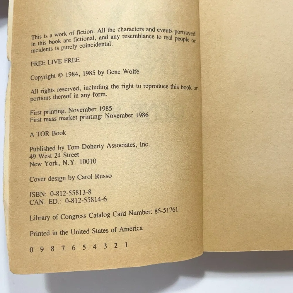 1986 Free Live Free by Gene Wolfe Paperback Book‎
